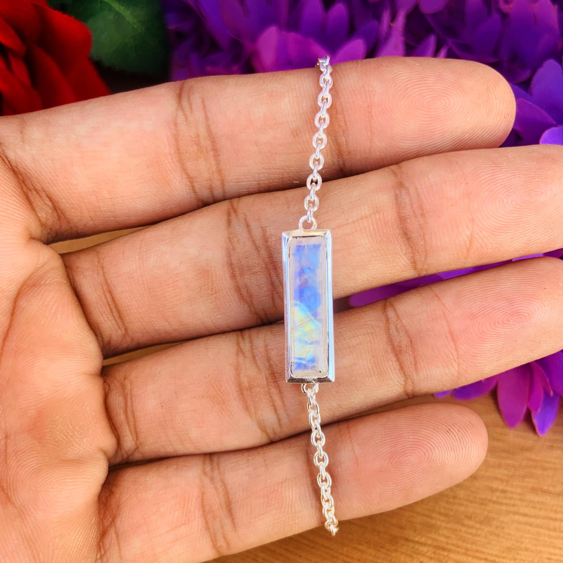 Rainbow Moonstone Bracelet ~ Dainty Sterling Silver Bracelet ~ ~ B - 0002 - BeadsBoatInc