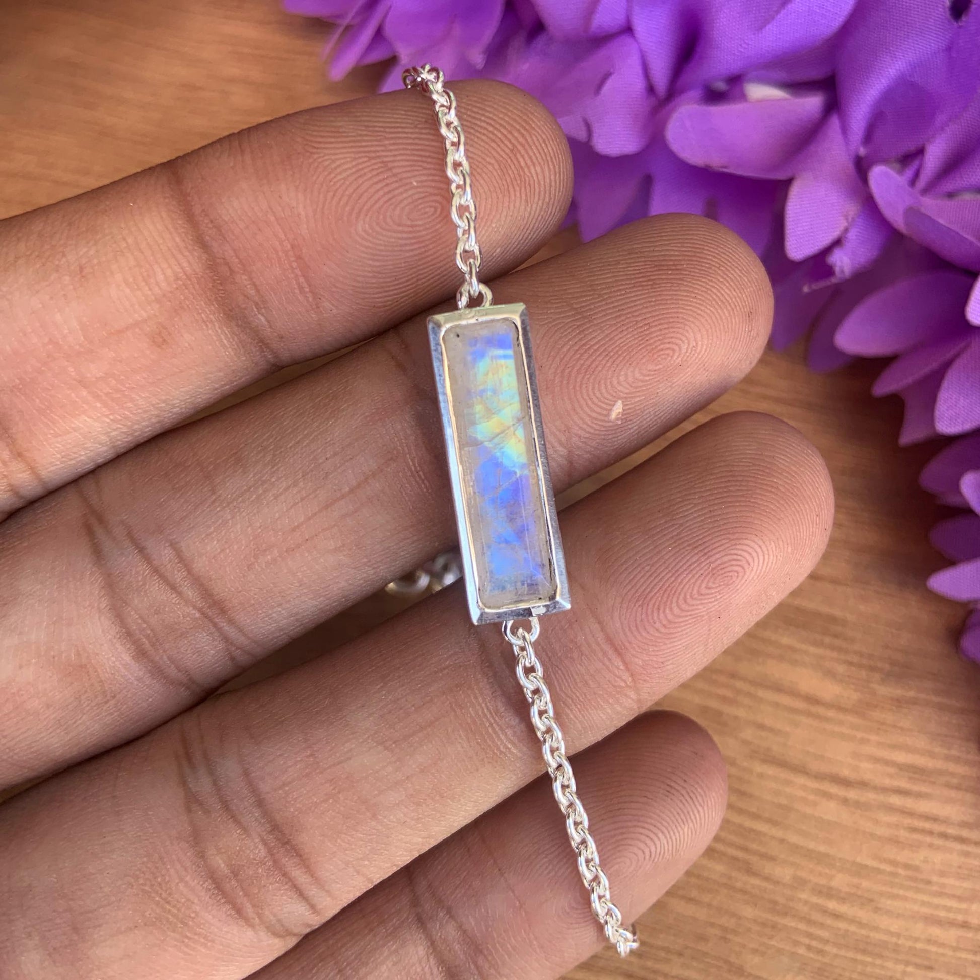 Rainbow Moonstone Bracelet ~ Dainty Sterling Silver Bracelet ~ ~ B - 0002 - BeadsBoatInc