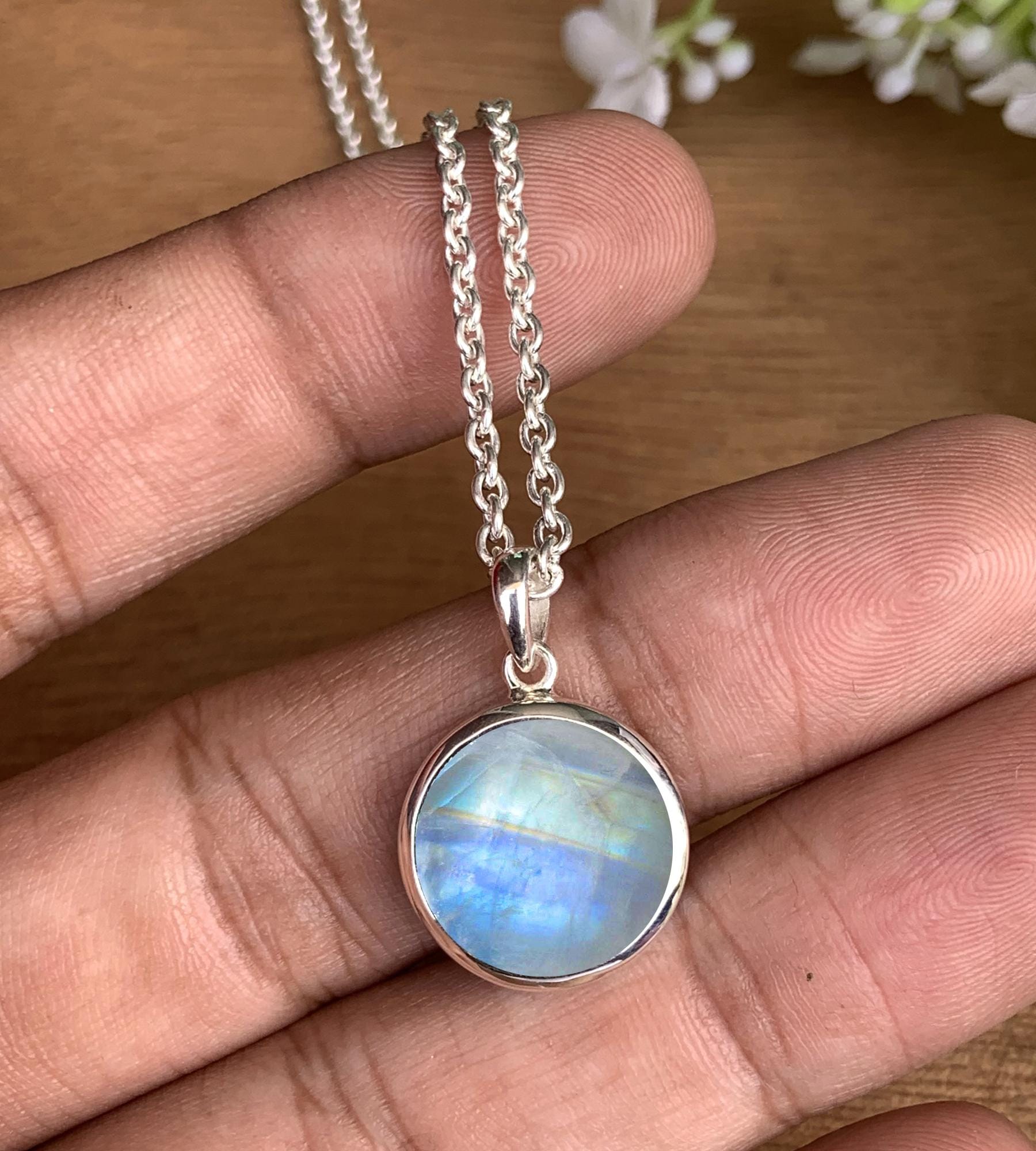 Rainbow Moonstone Full Moon Necklace – Dainty Solitaire Pendant in Silver or 18K Gold - BeadsBoatInc