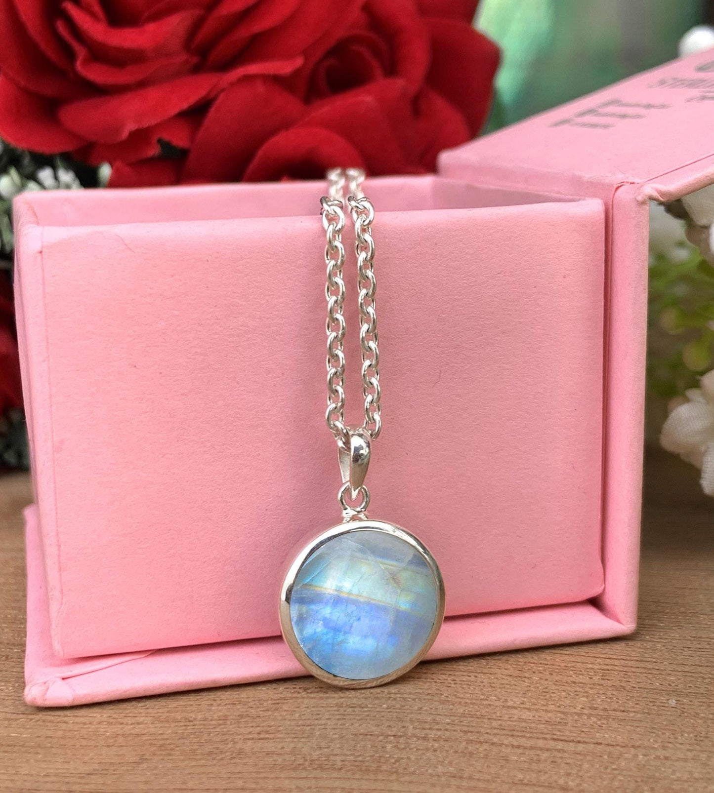 Rainbow Moonstone Full Moon Necklace – Dainty Solitaire Pendant in Silver or 18K Gold - BeadsBoatInc