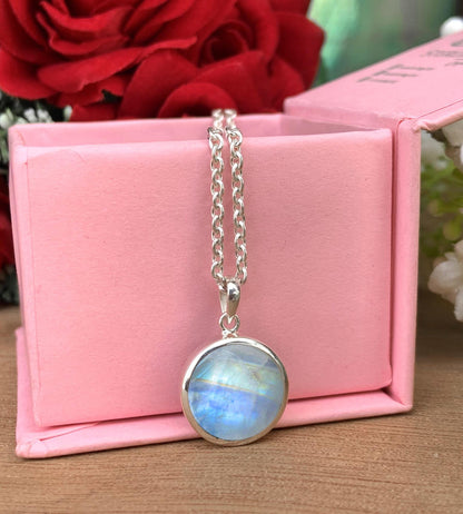 Rainbow Moonstone Full Moon Necklace – Dainty Solitaire Pendant in Silver or 18K Gold - BeadsBoatInc