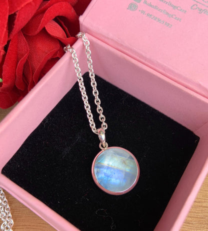 Rainbow Moonstone Full Moon Necklace – Dainty Solitaire Pendant in Silver or 18K Gold - BeadsBoatInc