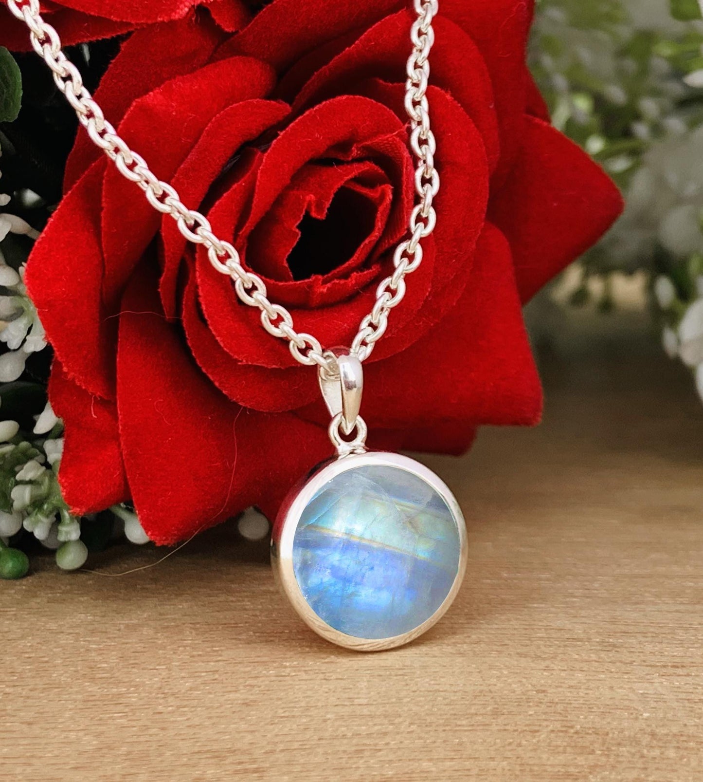 Rainbow Moonstone Full Moon Necklace – Dainty Solitaire Pendant in Silver or 18K Gold - BeadsBoatInc
