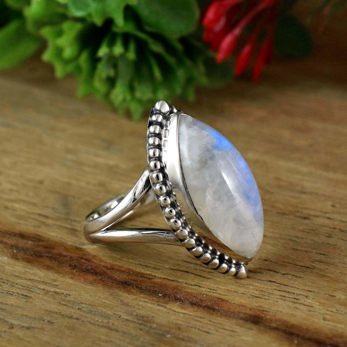 Rainbow Moonstone Ring ~ Silver Statement Ring ~ Split Shank Boho Silver Ring for Women ~ Marquise Shape Stone ~ Birthstone Ring ~ R - 0020 - BeadsBoatInc