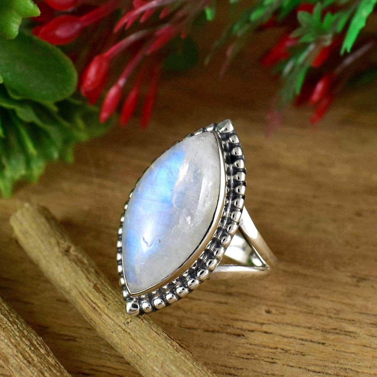 Rainbow Moonstone Ring ~ Silver Statement Ring ~ Split Shank Boho Silver Ring for Women ~ Marquise Shape Stone ~ Birthstone Ring ~ R - 0020 - BeadsBoatInc