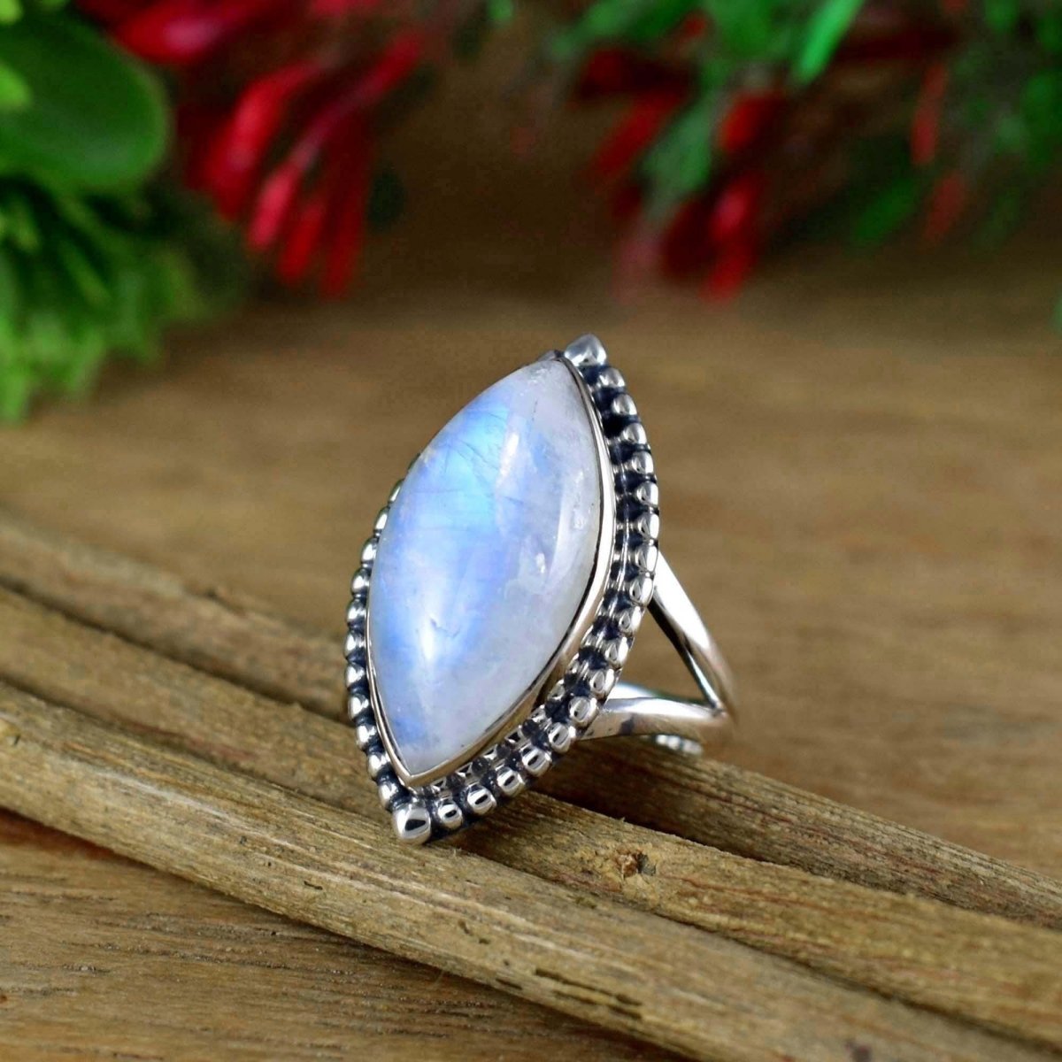 Rainbow Moonstone Ring ~ Silver Statement Ring ~ Split Shank Boho Silver Ring for Women ~ Marquise Shape Stone ~ Birthstone Ring ~ R - 0020 - BeadsBoatInc