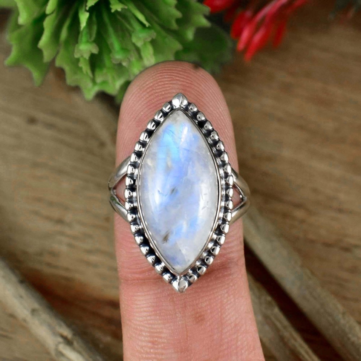 Rainbow Moonstone Ring ~ Silver Statement Ring ~ Split Shank Boho Silver Ring for Women ~ Marquise Shape Stone ~ Birthstone Ring ~ R - 0020 - BeadsBoatInc