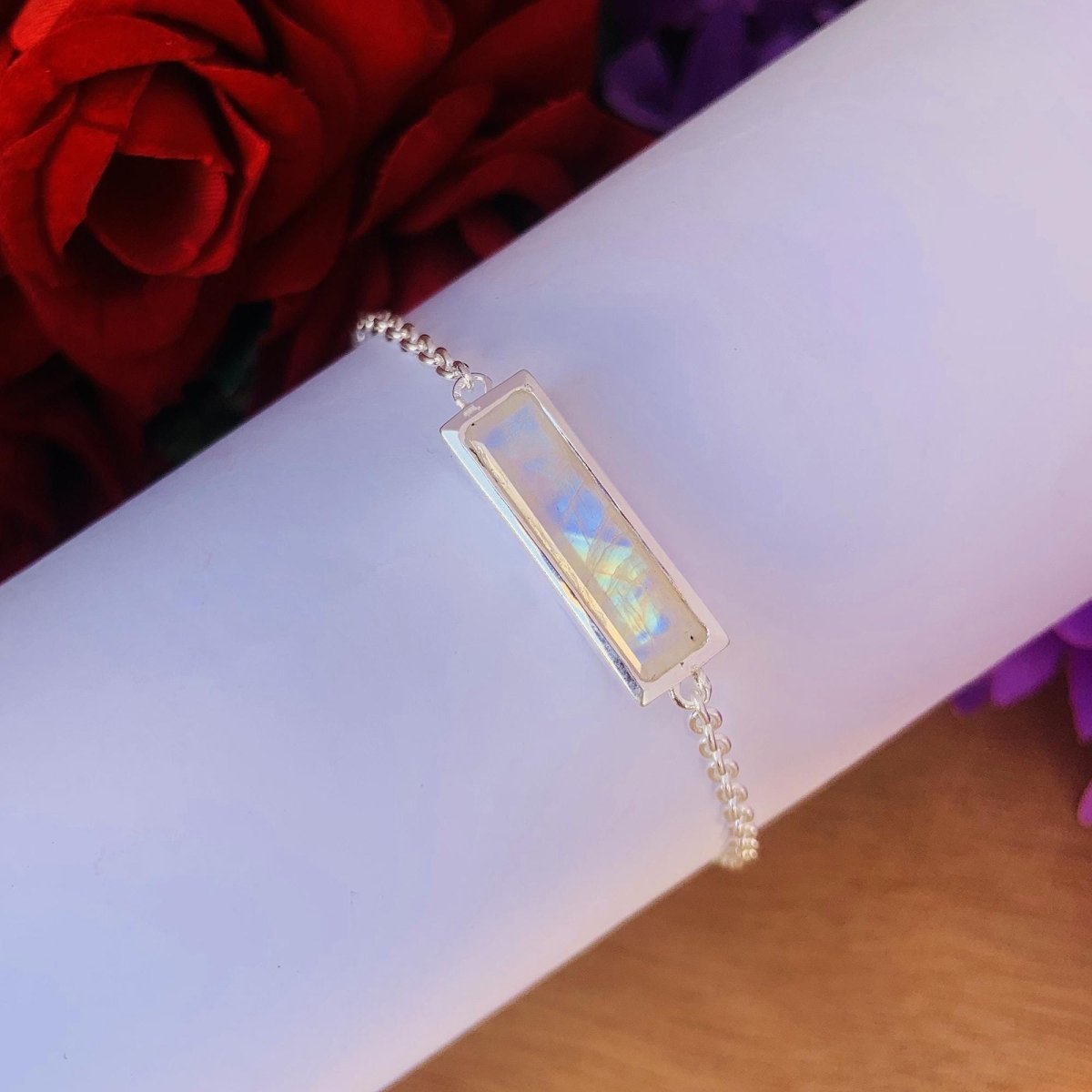 Rainbow Moonstone Sterling Silver Chain Bracelet - Gift for Her - BeadsBoatInc
