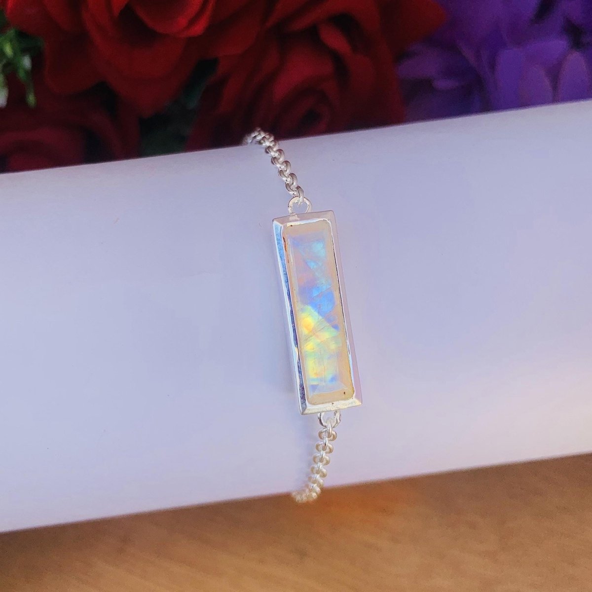 Rainbow Moonstone Sterling Silver Chain Bracelet - Gift for Her - BeadsBoatInc
