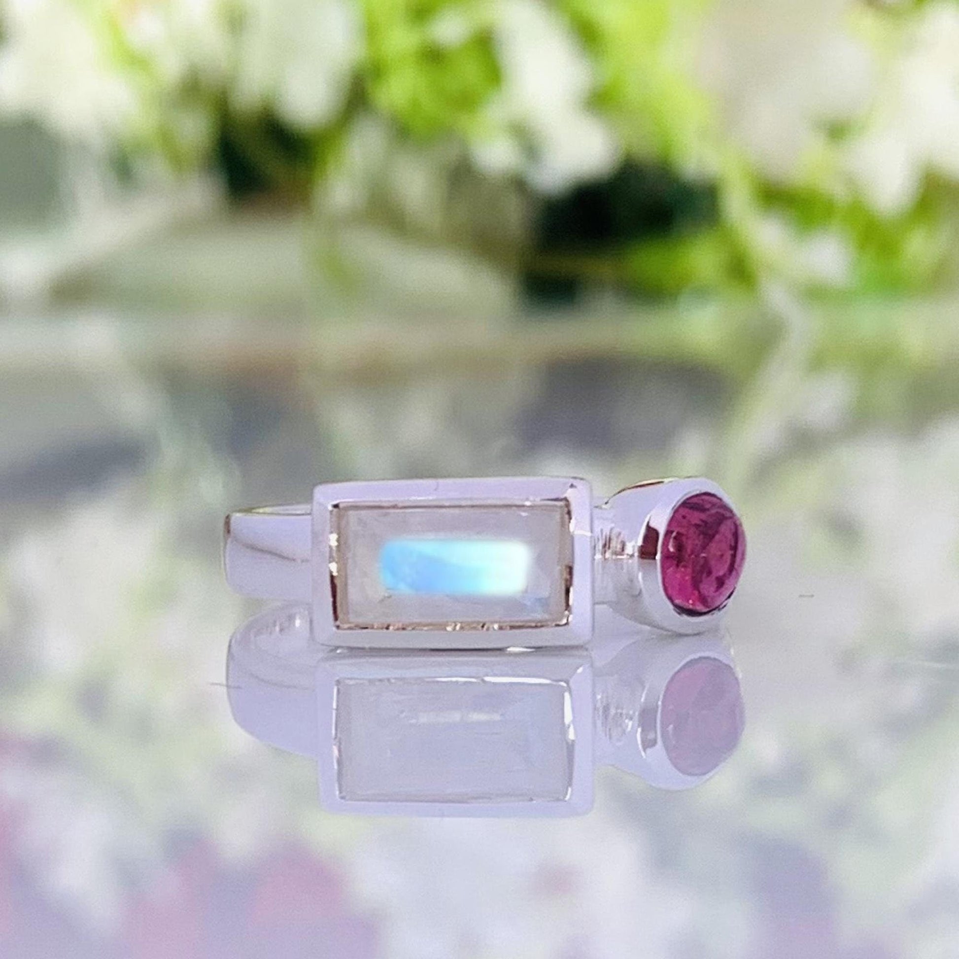 Rainbow Moonstone with Tourmaline Ring – Dainty Two Stone Stackable Band - BeadsBoatInc