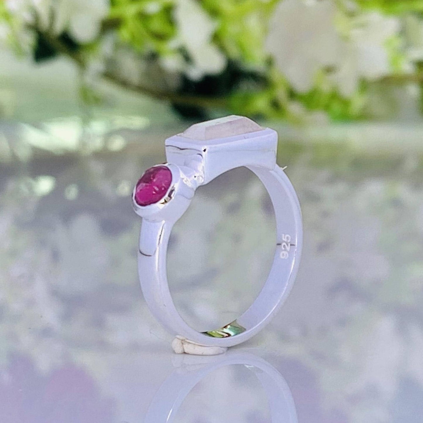 Rainbow Moonstone with Tourmaline Ring – Dainty Two Stone Stackable Band - BeadsBoatInc