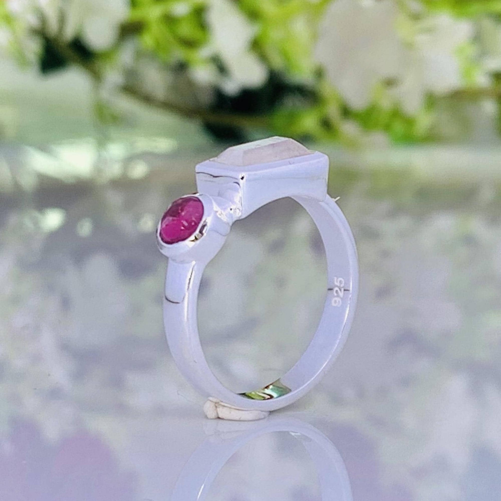 Rainbow Moonstone with Tourmaline Ring – Dainty Two Stone Stackable Band - BeadsBoatInc