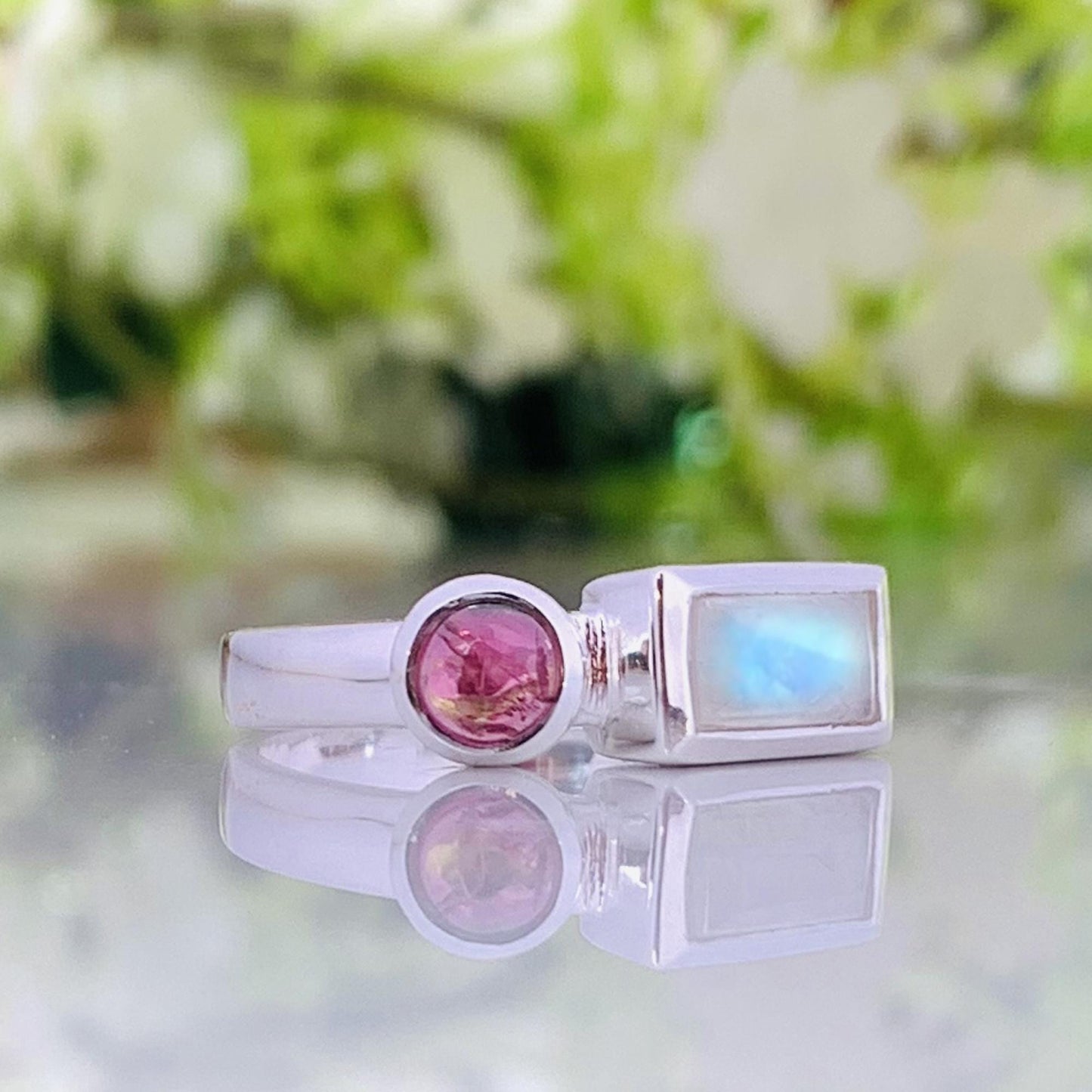 Rainbow Moonstone with Tourmaline Ring – Dainty Two Stone Stackable Band - BeadsBoatInc