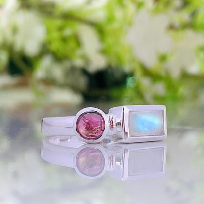 Rainbow Moonstone with Tourmaline Ring – Dainty Two Stone Stackable Band - BeadsBoatInc
