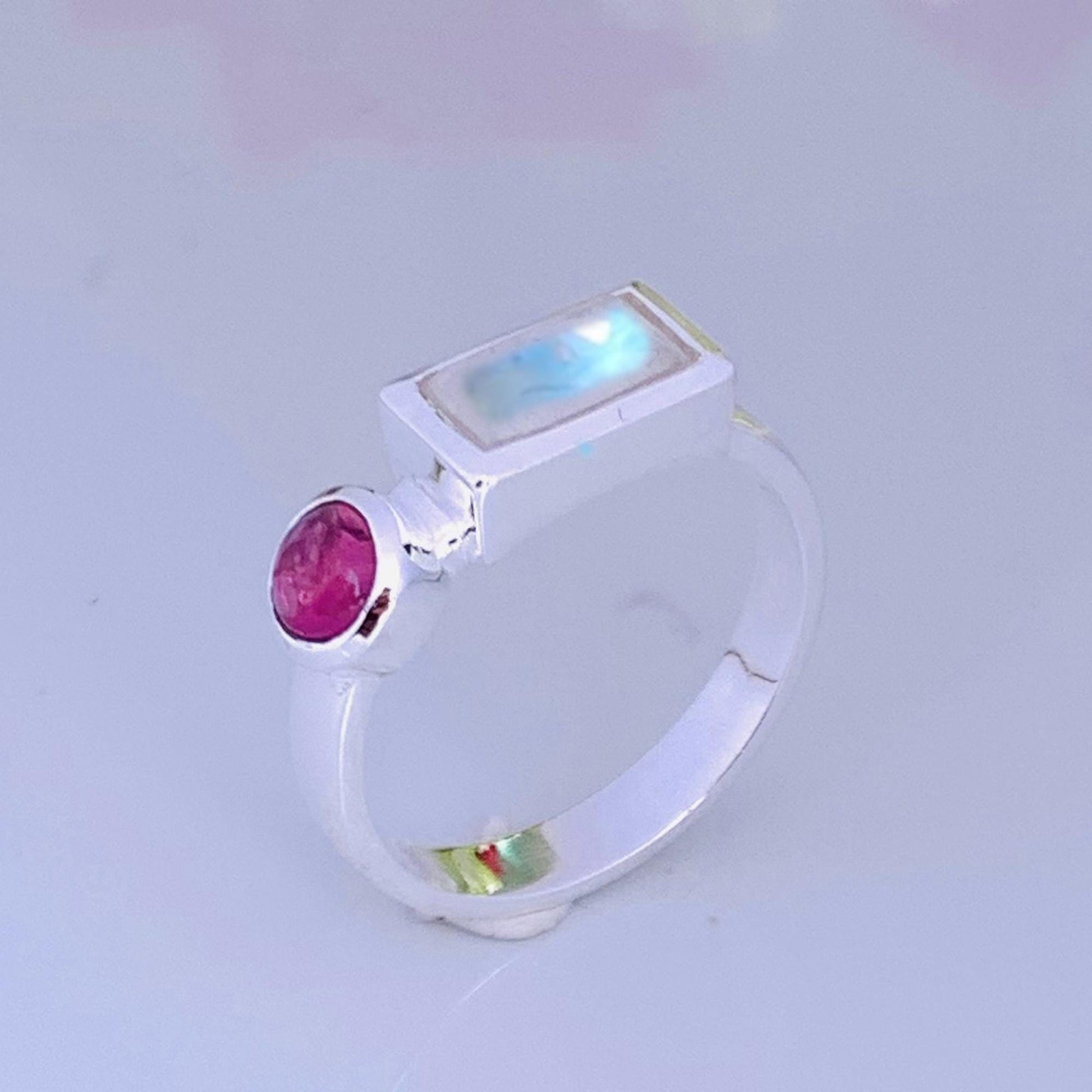 Rainbow Moonstone with Tourmaline Ring – Dainty Two Stone Stackable Band - BeadsBoatInc