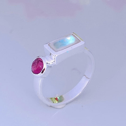 Rainbow Moonstone with Tourmaline Ring – Dainty Two Stone Stackable Band - BeadsBoatInc