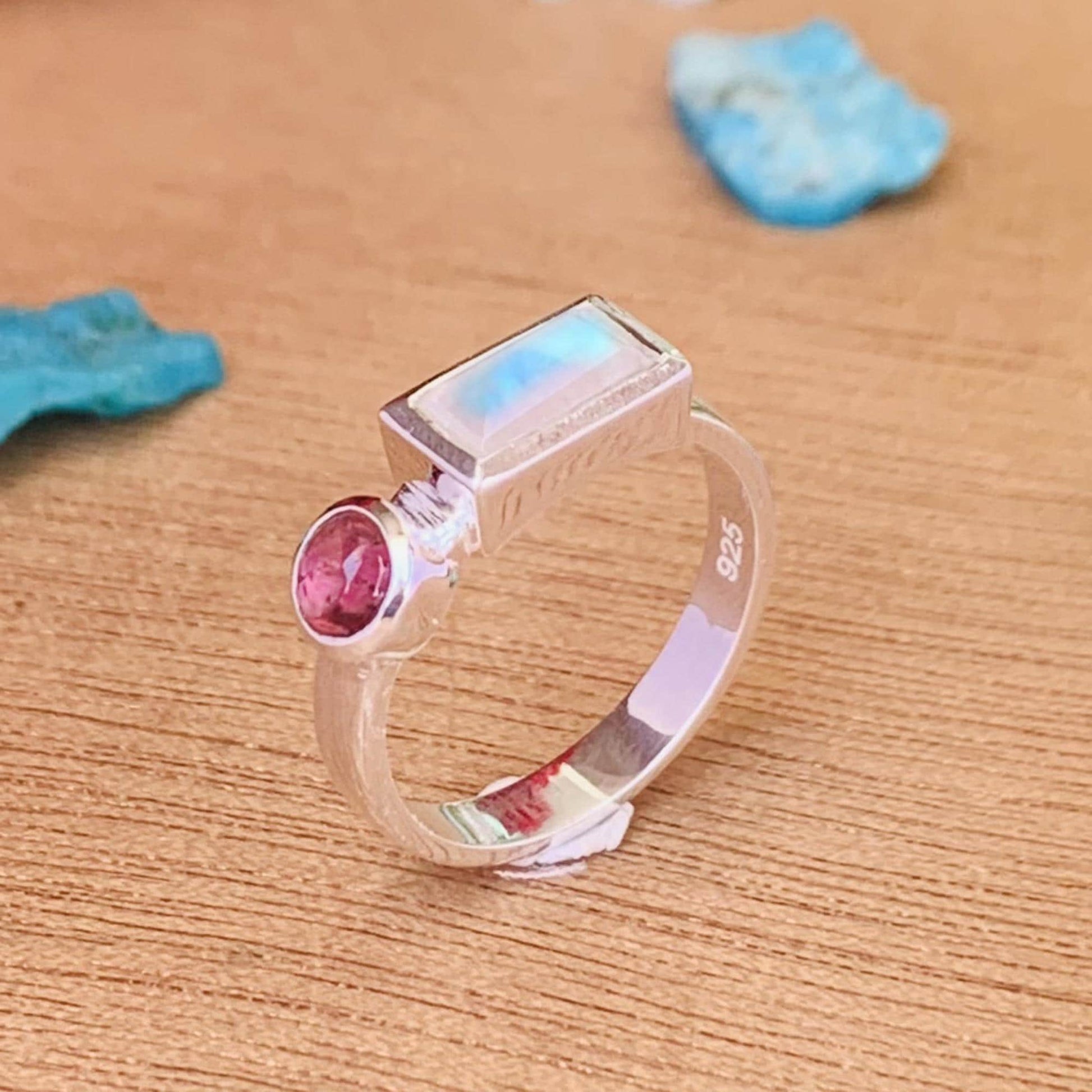 Rainbow Moonstone with Tourmaline Ring – Dainty Two Stone Stackable Band - BeadsBoatInc