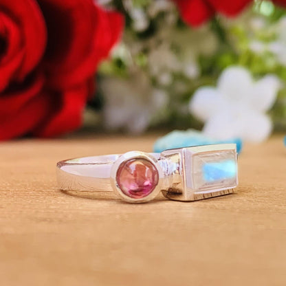 Rainbow Moonstone with Tourmaline Ring – Dainty Two Stone Stackable Band - BeadsBoatInc