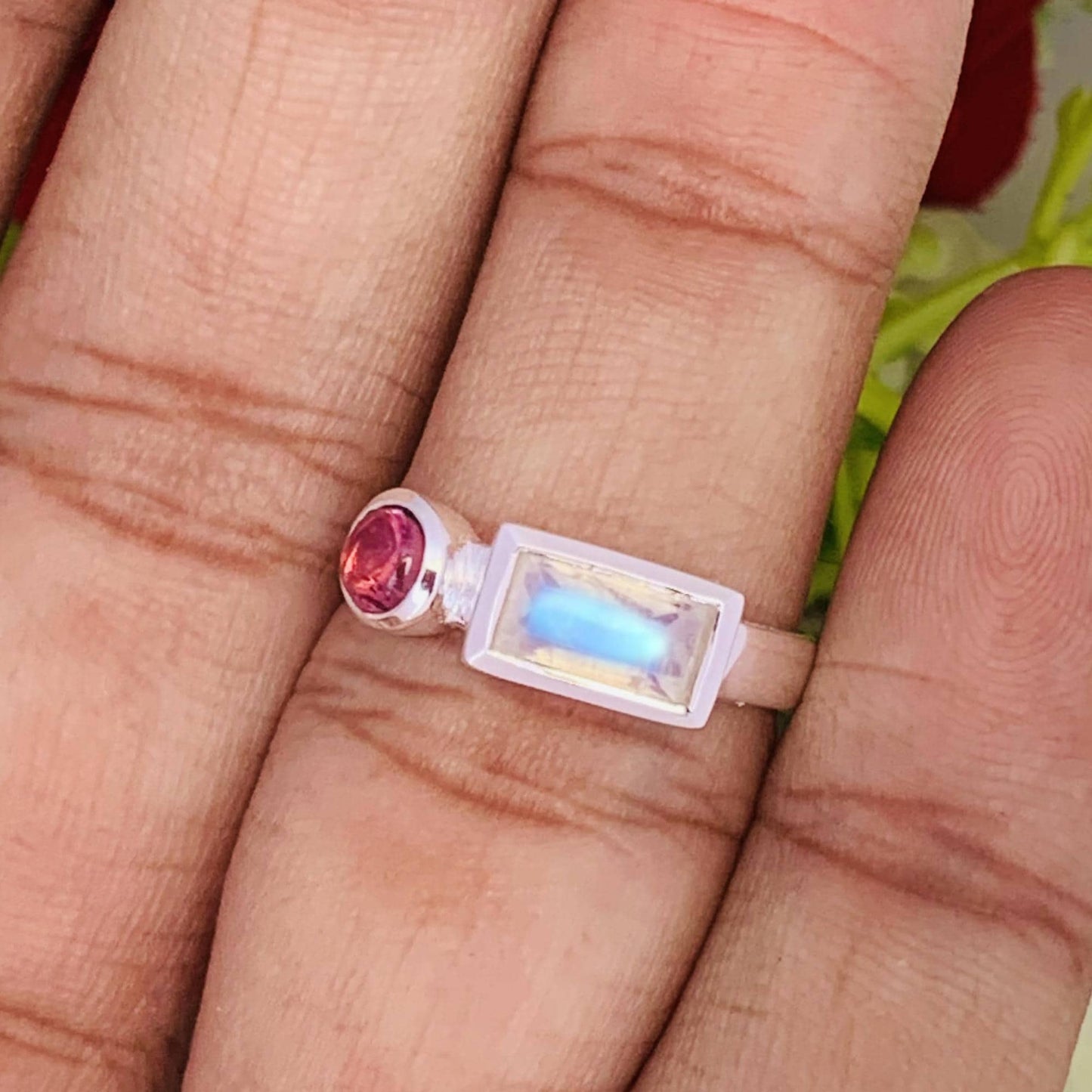 Rainbow Moonstone with Tourmaline Ring – Dainty Two Stone Stackable Band - BeadsBoatInc