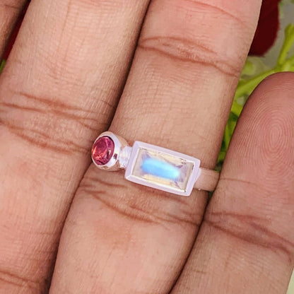 Rainbow Moonstone with Tourmaline Ring – Dainty Two Stone Stackable Band - BeadsBoatInc