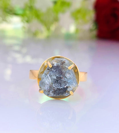 Raw Aquamarine Solitaire Ring | Vermeil Gold Silver Cocktail Ring for Her - BeadsBoatInc