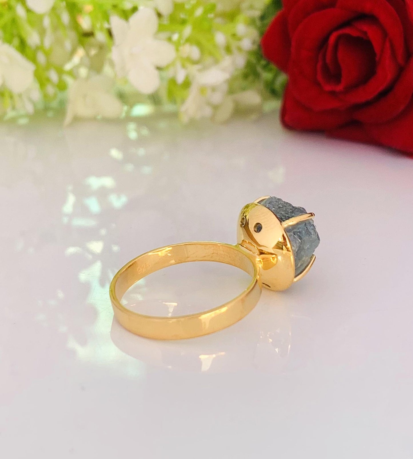 Raw Aquamarine Solitaire Ring | Vermeil Gold Silver Cocktail Ring for Her - BeadsBoatInc
