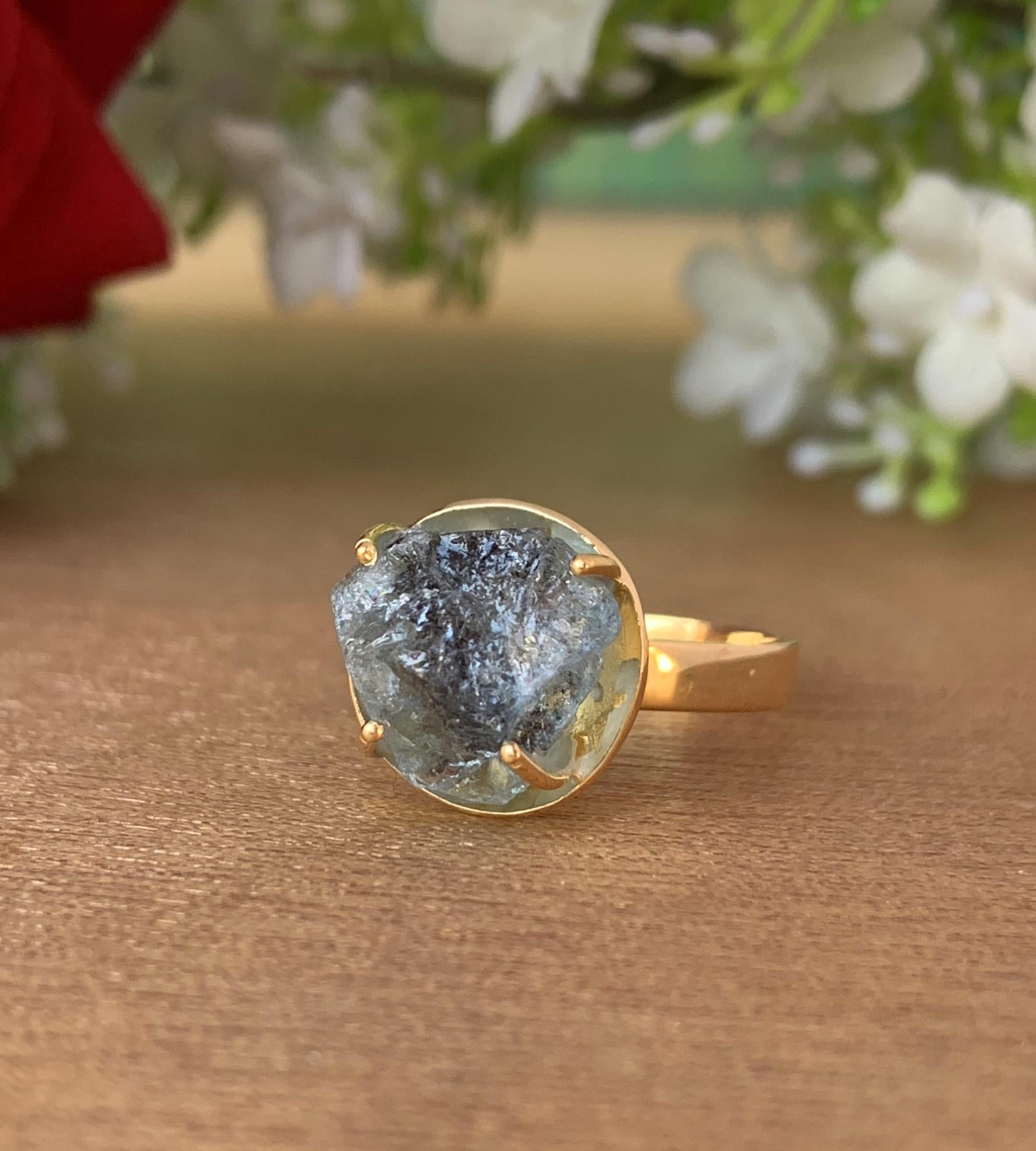 Raw Aquamarine Solitaire Ring | Vermeil Gold Silver Cocktail Ring for Her - BeadsBoatInc