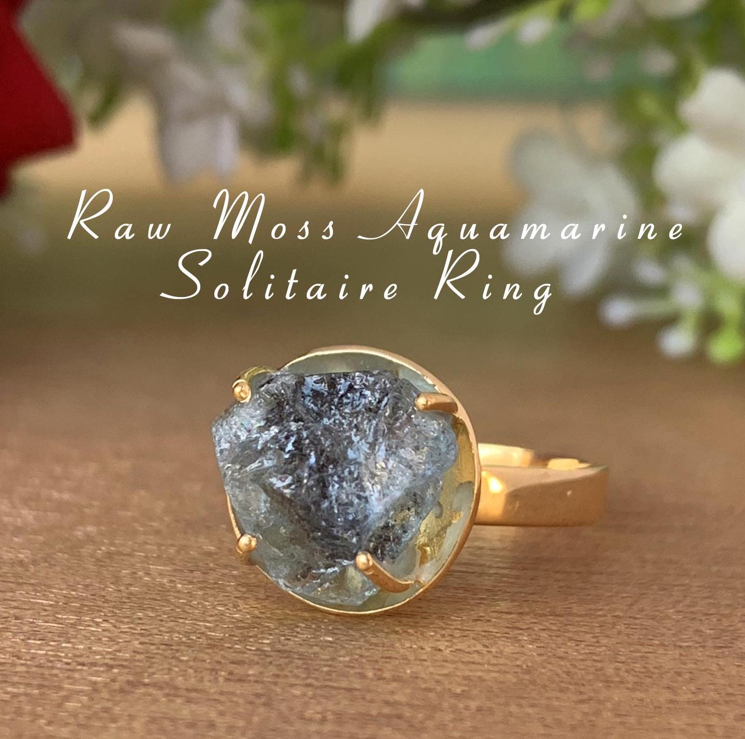 Raw Aquamarine Solitaire Ring | Vermeil Gold Silver Cocktail Ring for Her - BeadsBoatInc