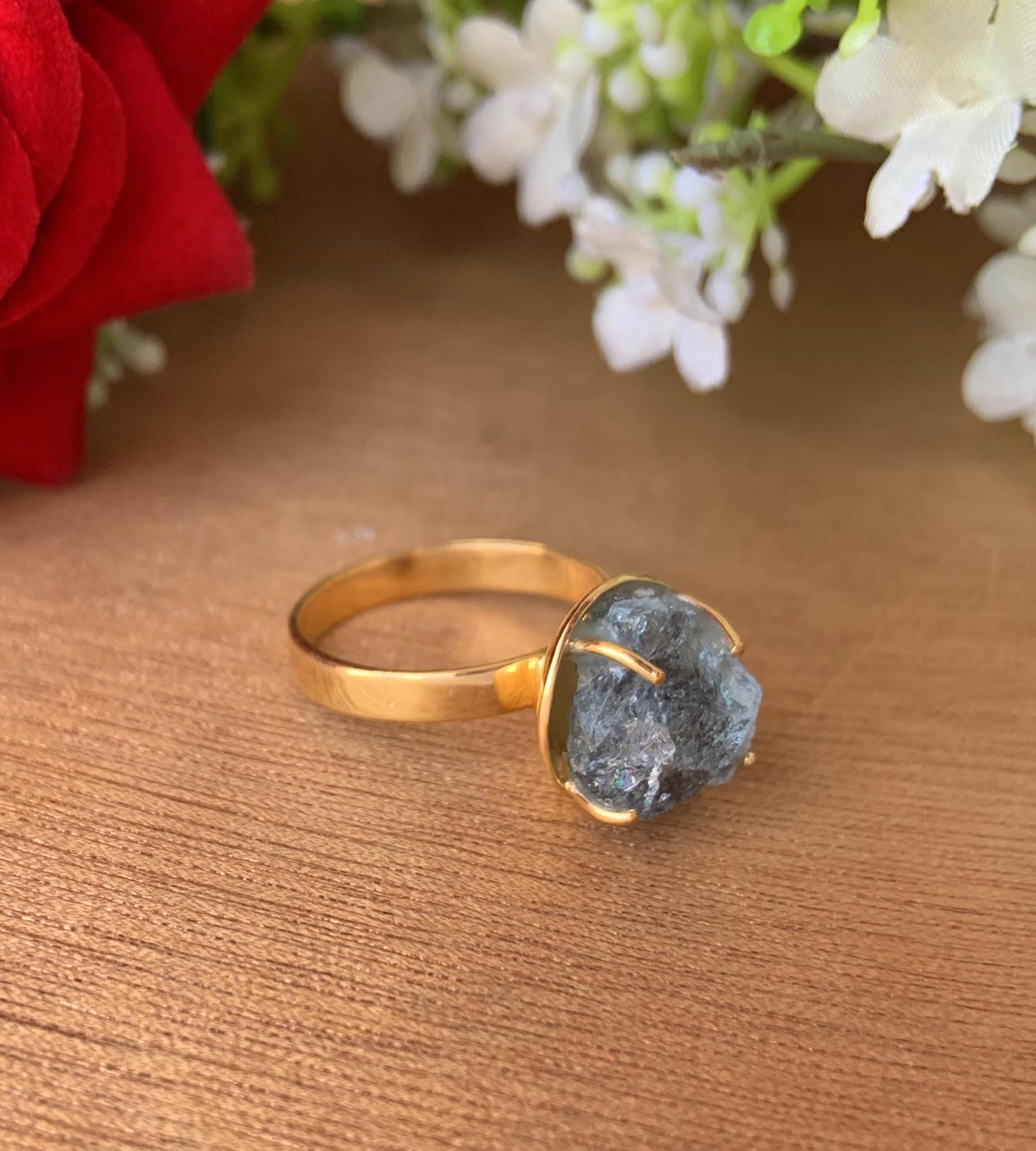 Raw Aquamarine Solitaire Ring | Vermeil Gold Silver Cocktail Ring for Her - BeadsBoatInc