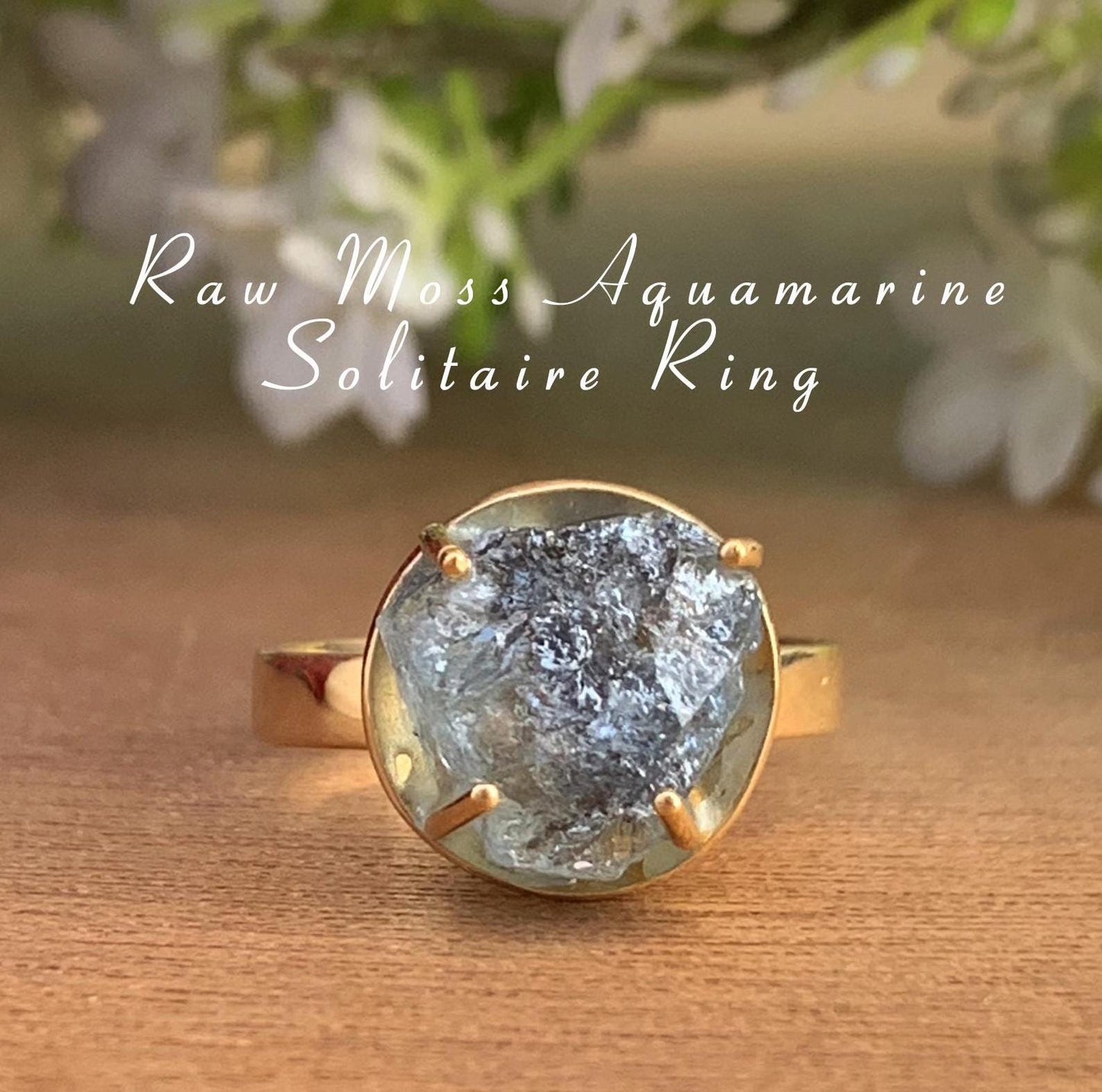Raw Aquamarine Solitaire Ring | Vermeil Gold Silver Cocktail Ring for Her - BeadsBoatInc