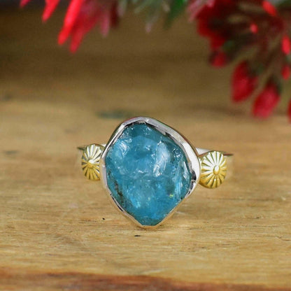 Raw Blue Apatite Sterling Silver Flower Ring – Unique Rough Gemstone Ring - BeadsBoatInc