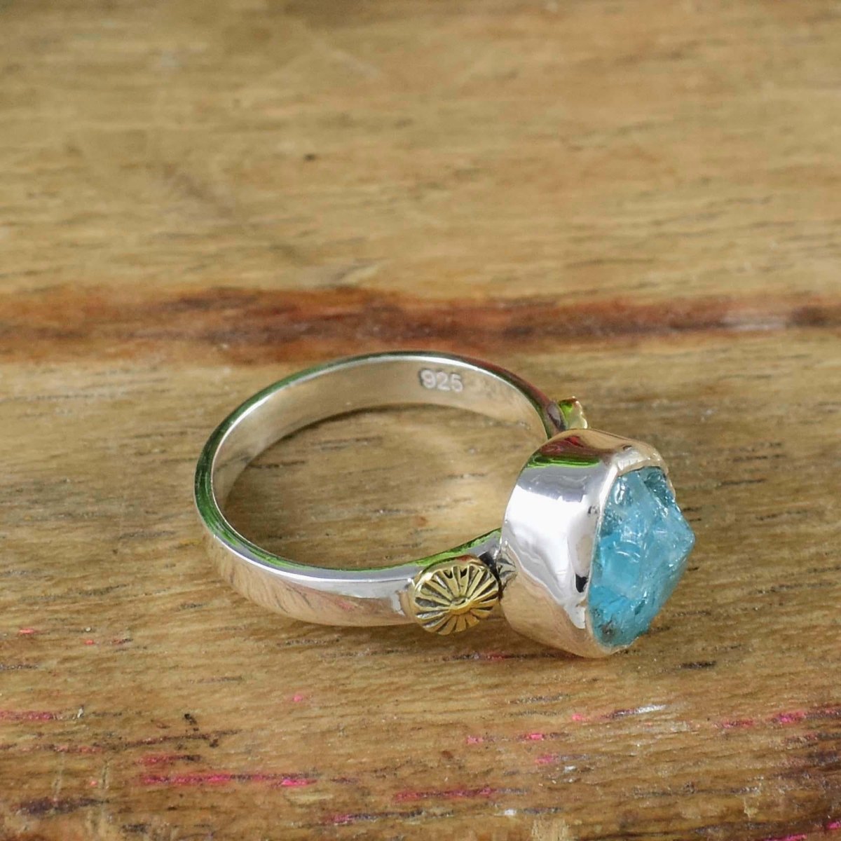 Raw Blue Apatite Sterling Silver Flower Ring – Unique Rough Gemstone Ring - BeadsBoatInc