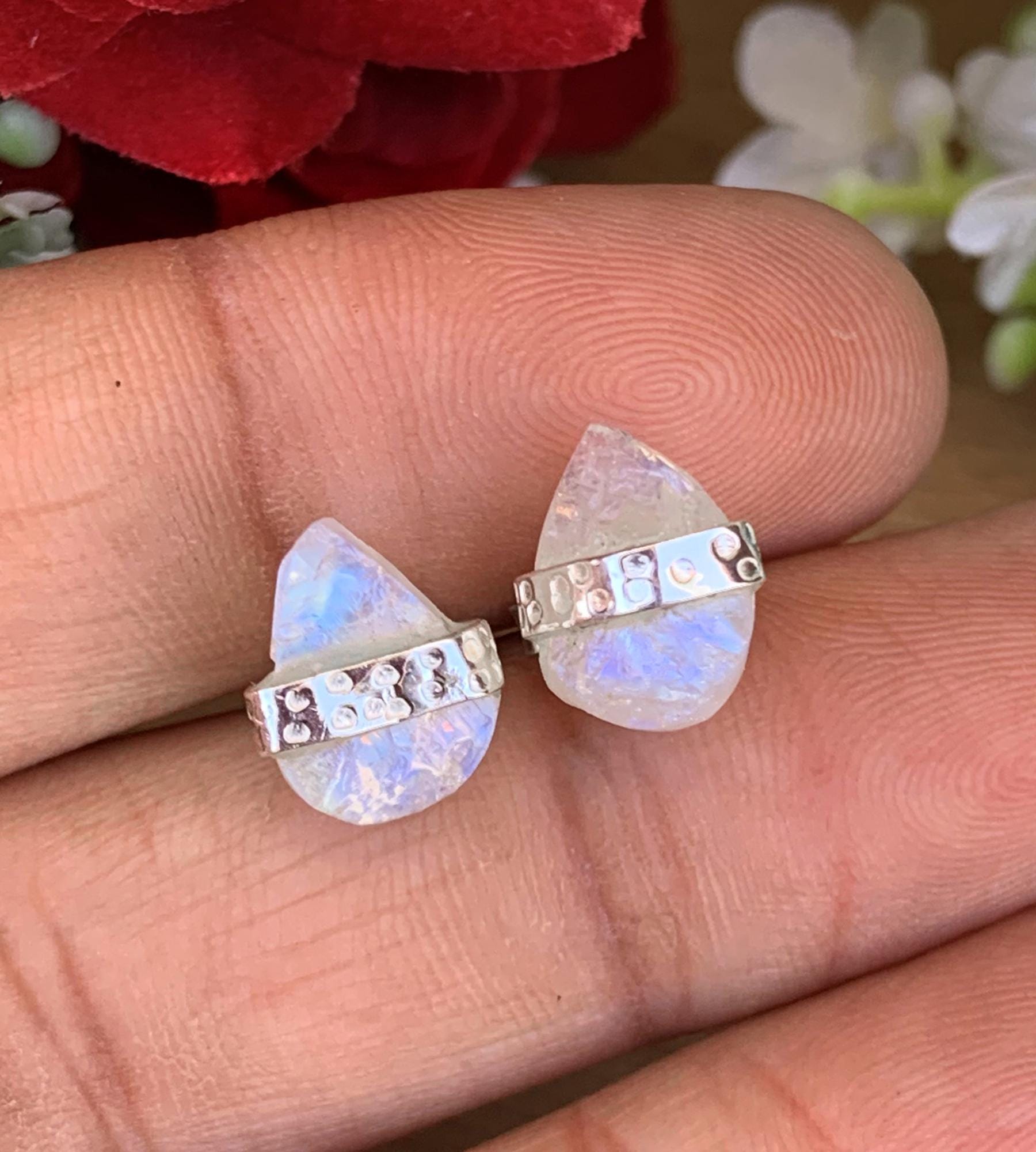 Raw Moonstone Silver Stud Earrings | Minimal Pear Shape Stone | Gift for Her - BeadsBoatInc