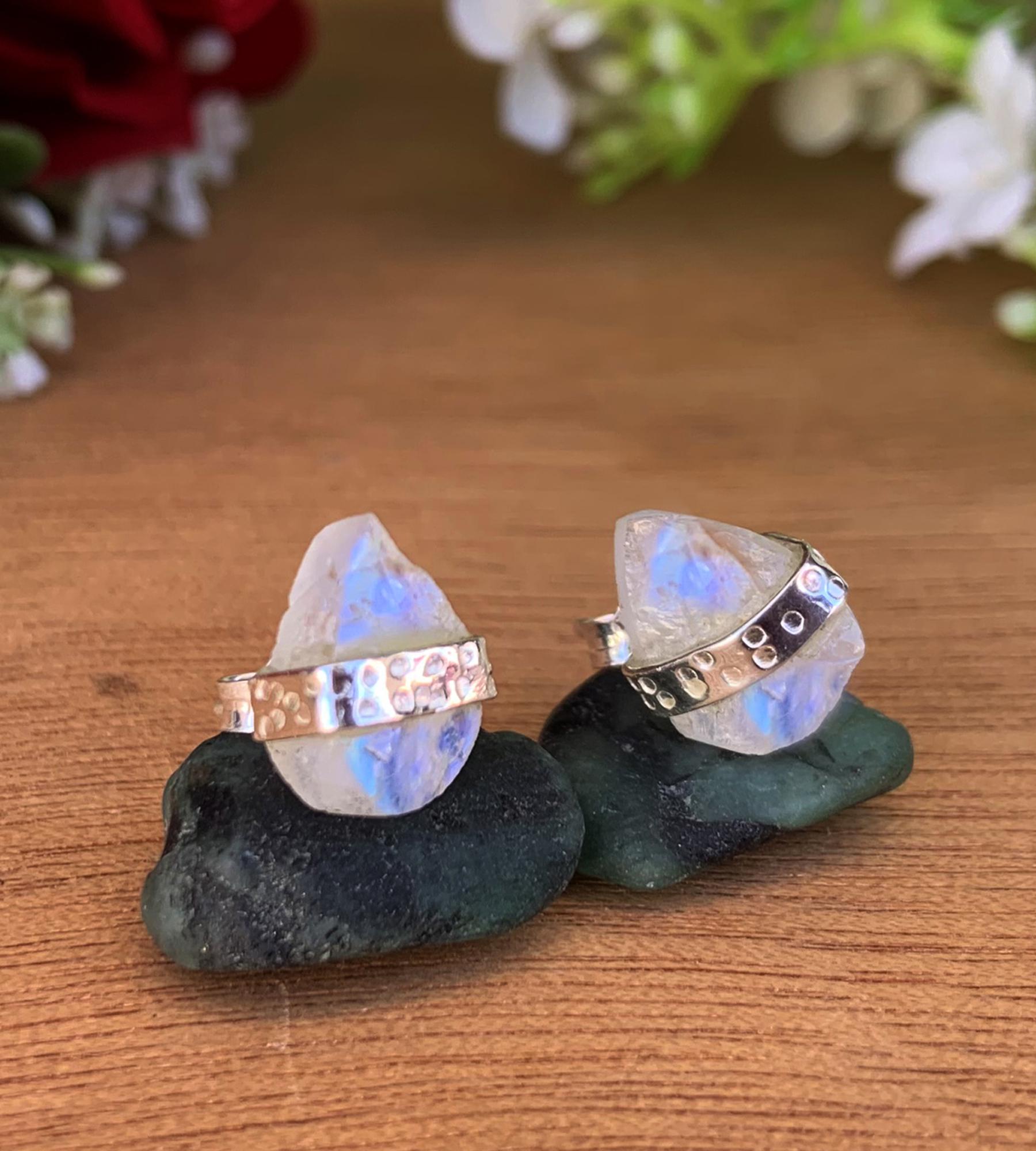 Raw Moonstone Silver Stud Earrings | Minimal Pear Shape Stone | Gift for Her - BeadsBoatInc