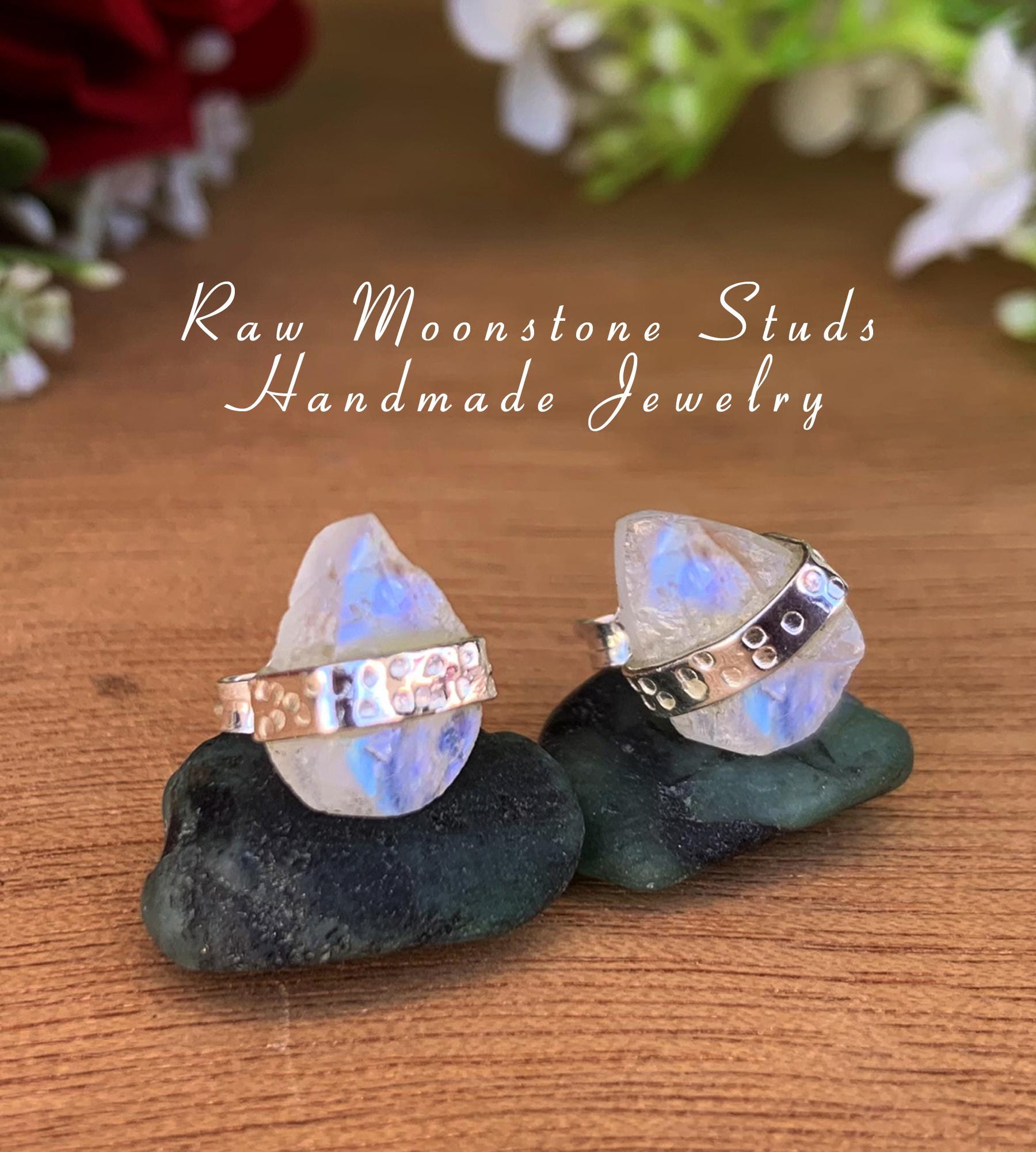Raw Moonstone Silver Stud Earrings | Minimal Pear Shape Stone | Gift for Her - BeadsBoatInc