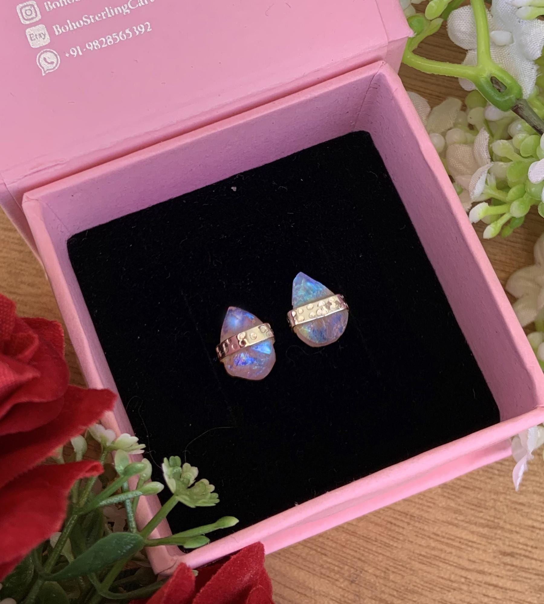 Raw Moonstone Silver Stud Earrings | Minimal Pear Shape Stone | Gift for Her - BeadsBoatInc