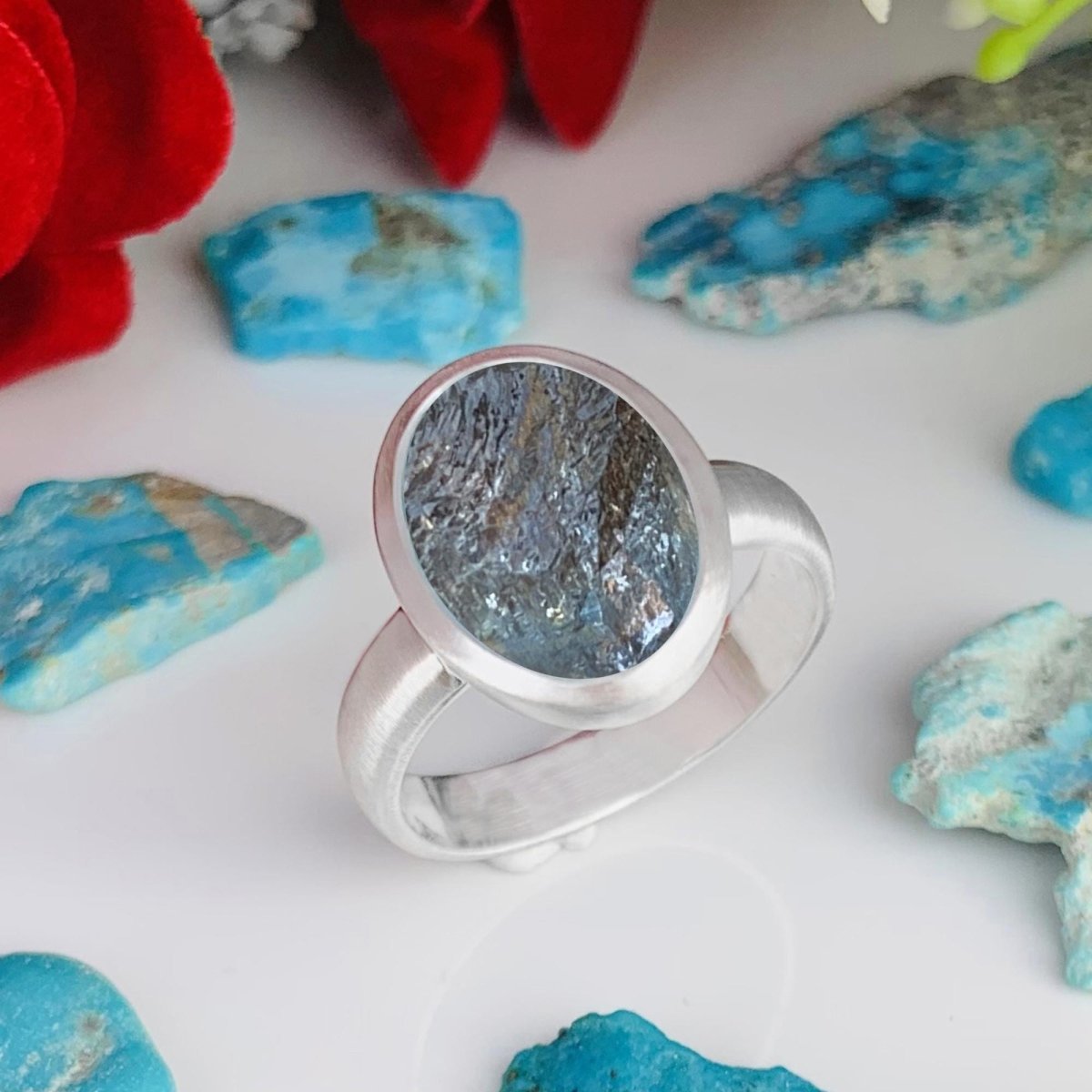 Raw Moss Aquamarine Solitaire Ring | Matte Silver & Gold Vermeil | Birthstone Gift - BeadsBoatInc