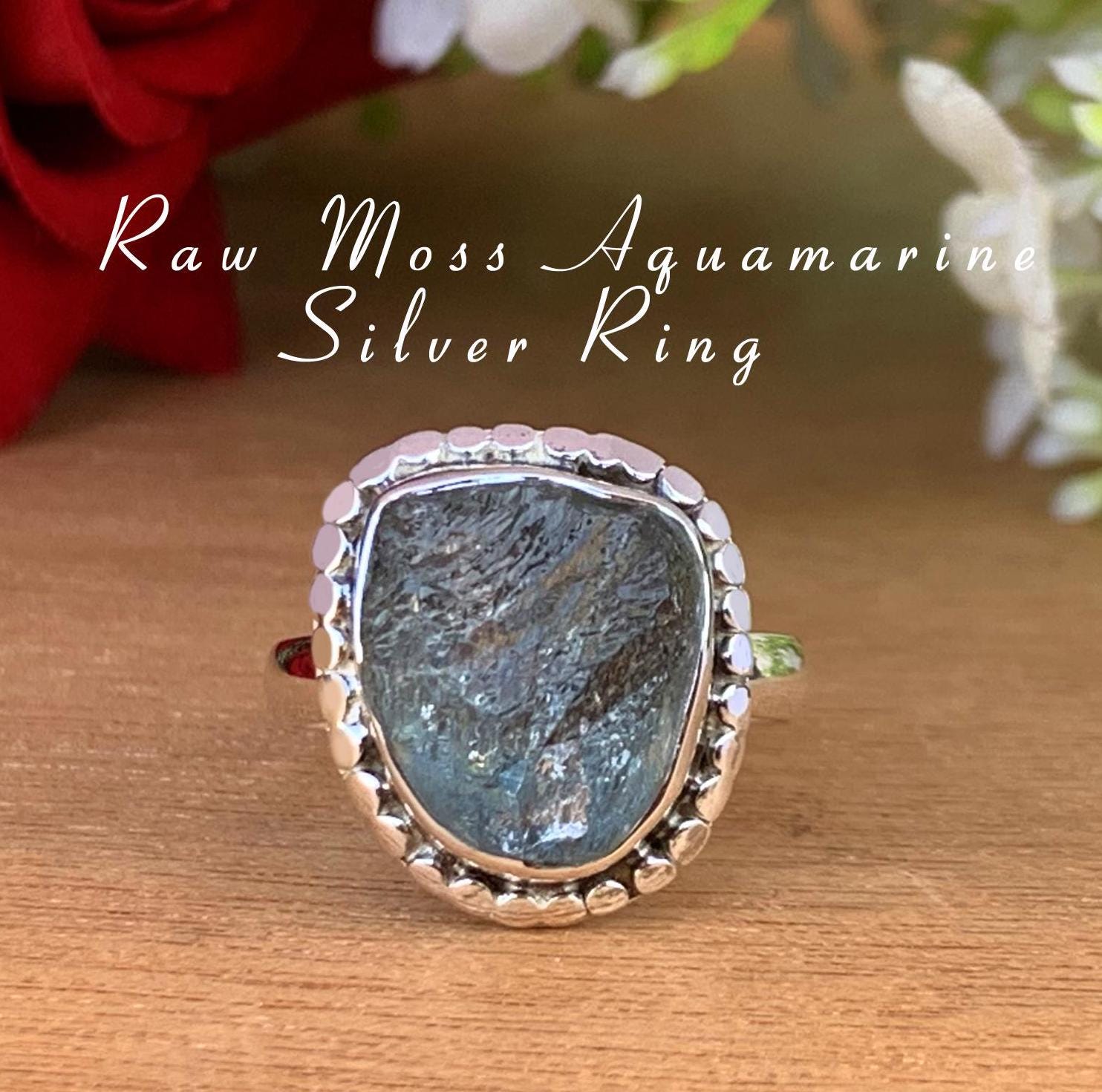 Raw Moss Aquamarine Solitaire Ring – Sterling Silver Rough Birthstone Gift for Women - BeadsBoatInc