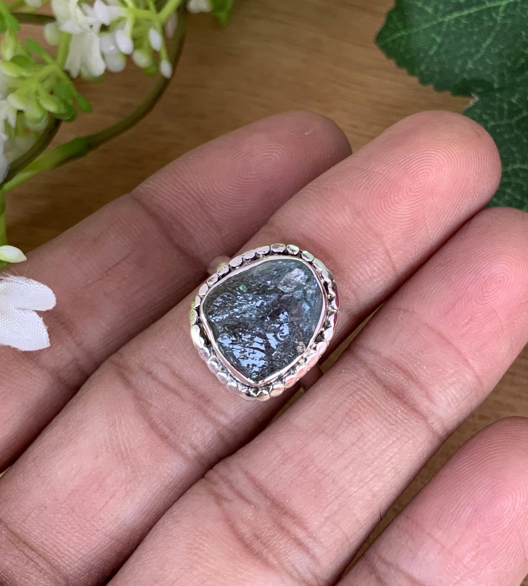 Raw Moss Aquamarine Solitaire Ring – Sterling Silver Rough Birthstone Gift for Women - BeadsBoatInc