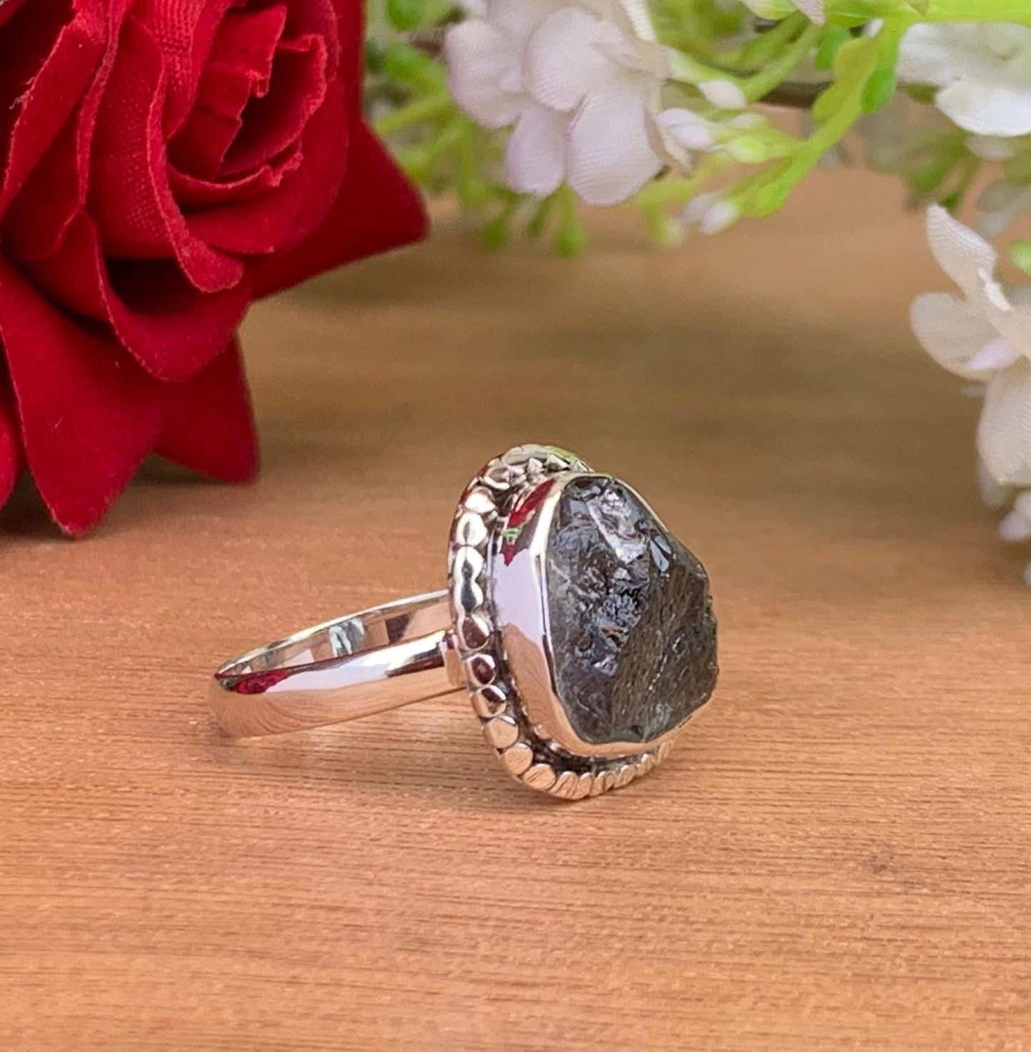 Raw Moss Aquamarine Solitaire Ring – Sterling Silver Rough Birthstone Gift for Women - BeadsBoatInc