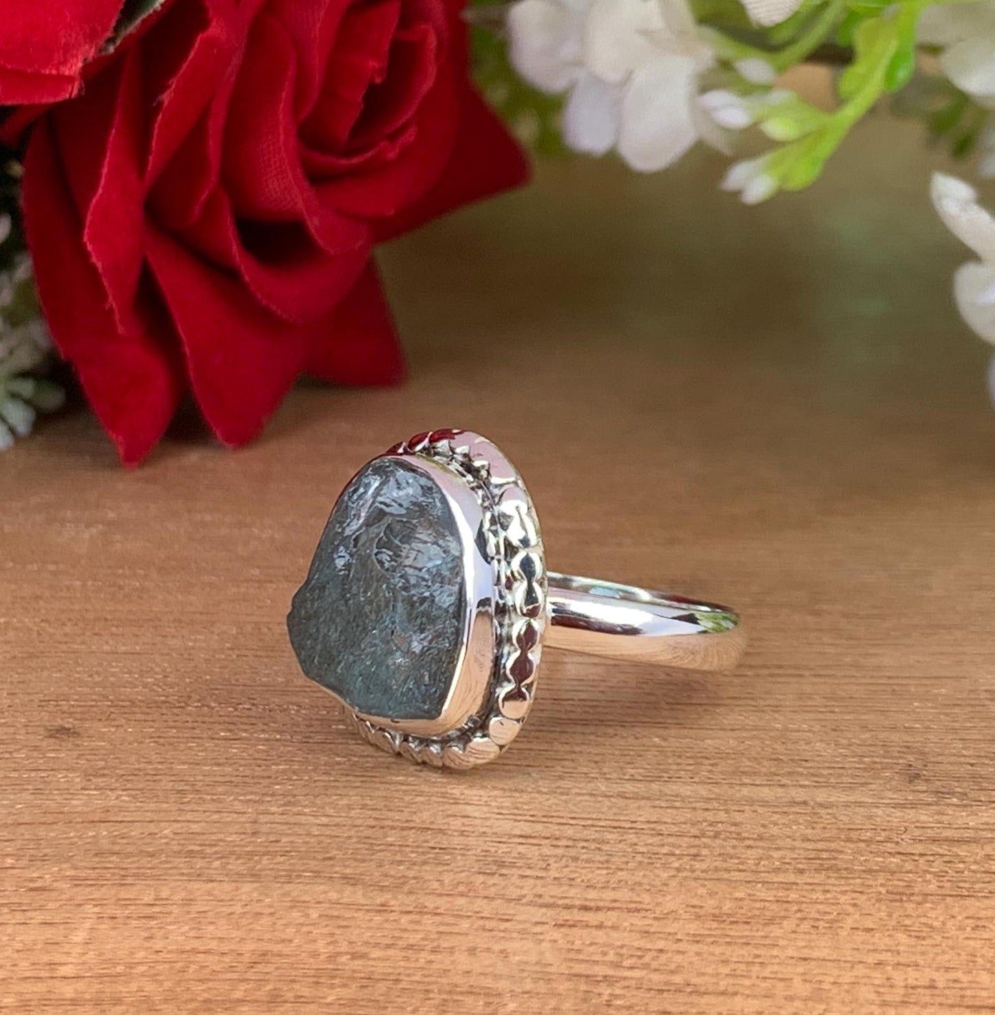 Raw Moss Aquamarine Solitaire Ring – Sterling Silver Rough Birthstone Gift for Women - BeadsBoatInc