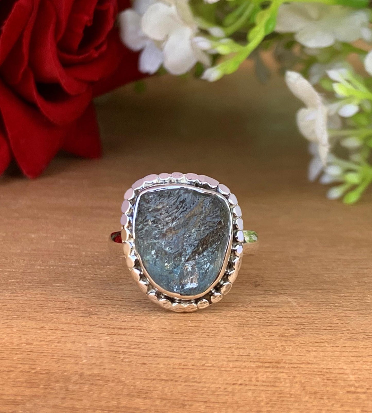 Raw Moss Aquamarine Solitaire Ring – Sterling Silver Rough Birthstone Gift for Women - BeadsBoatInc