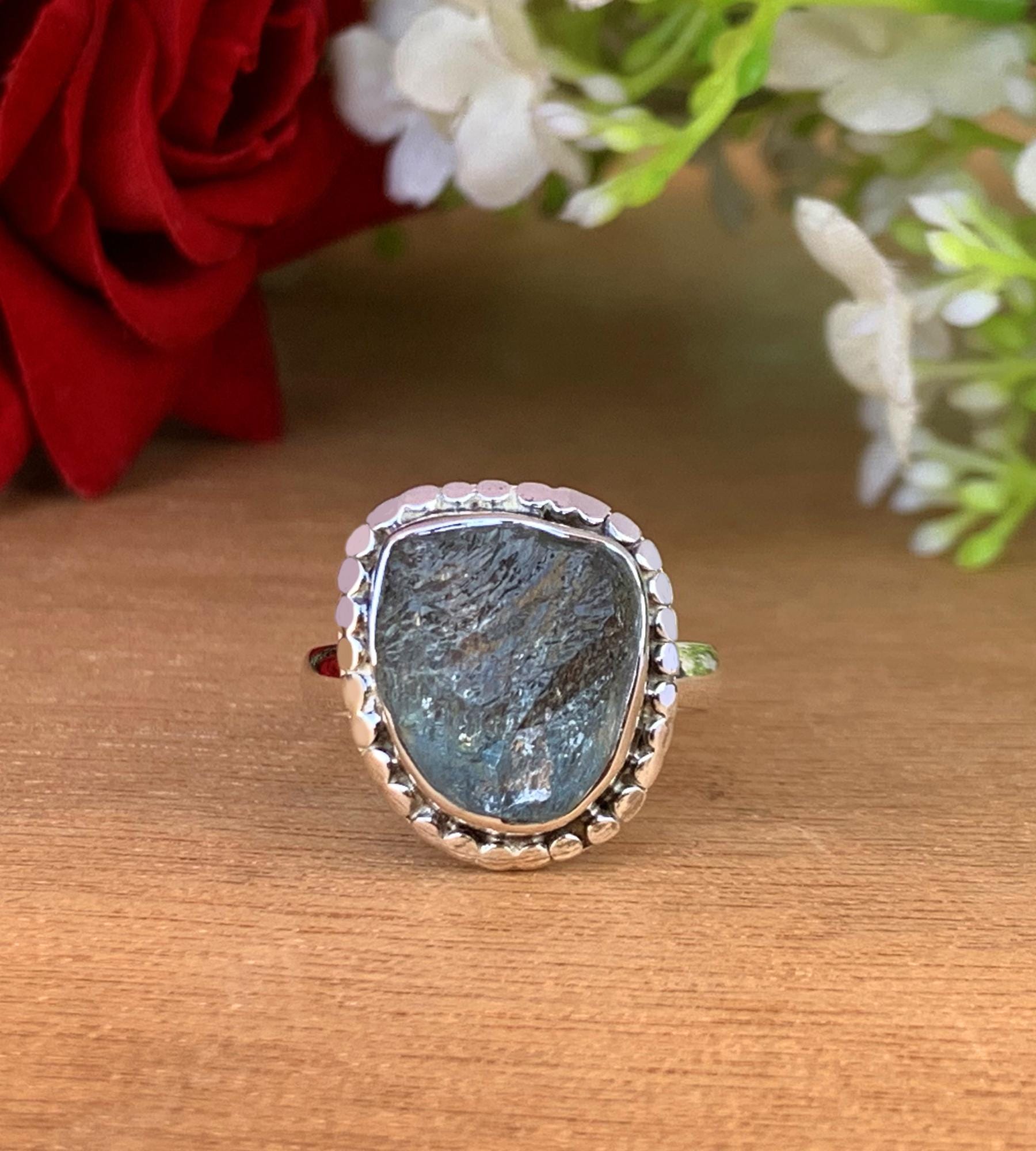 Raw Moss Aquamarine Solitaire Ring – Sterling Silver Rough Birthstone Gift for Women - BeadsBoatInc