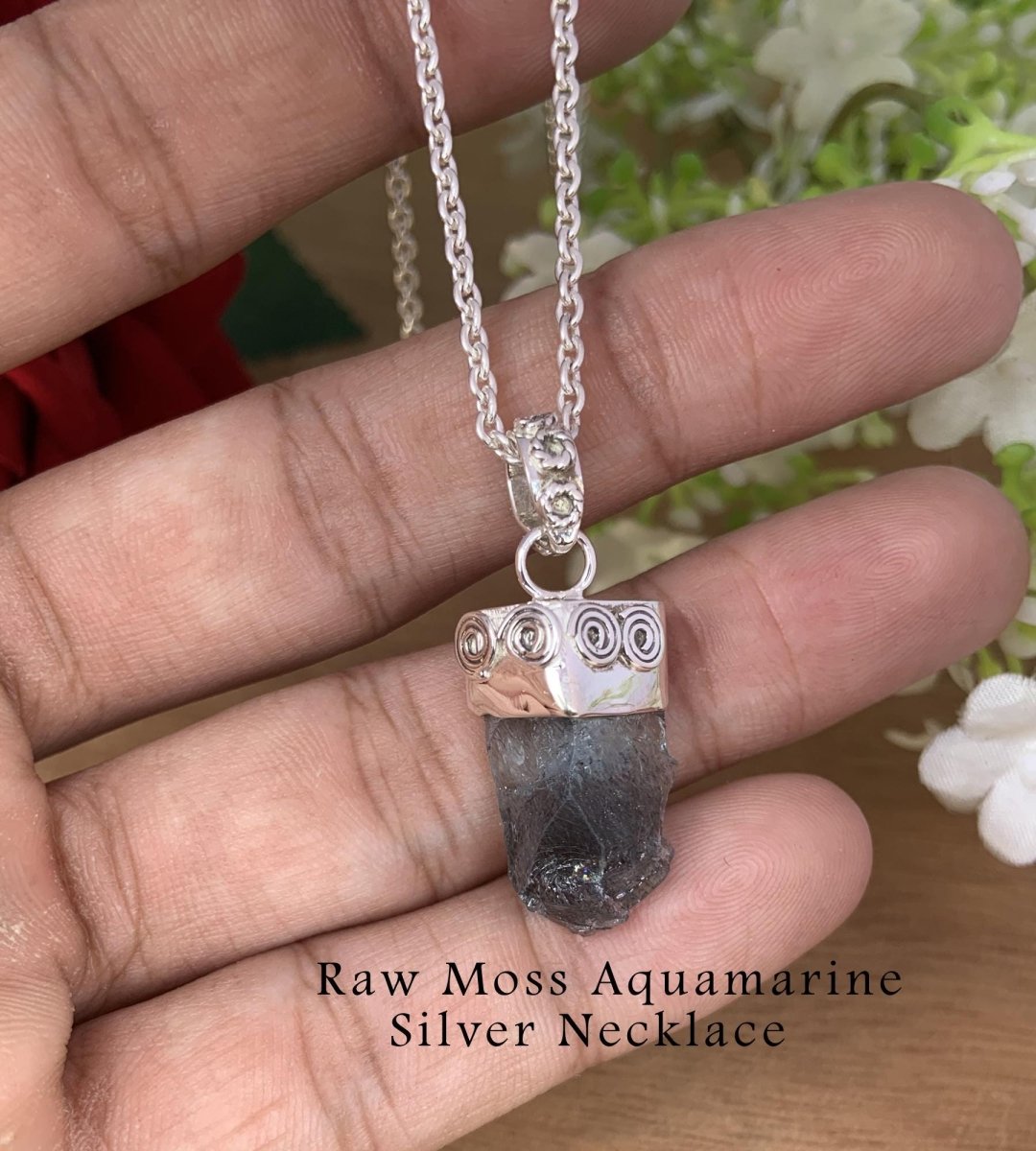 Raw Moss Aquamarine Solitaire Silver Necklace - Birthstone Boho Pendant Gift - BeadsBoatInc