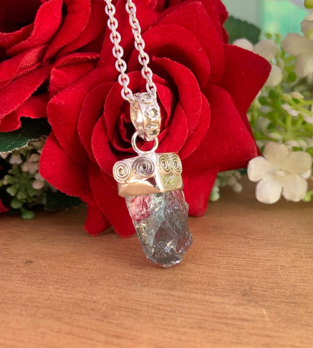 Raw Moss Aquamarine Solitaire Silver Necklace - Birthstone Boho Pendant Gift - BeadsBoatInc
