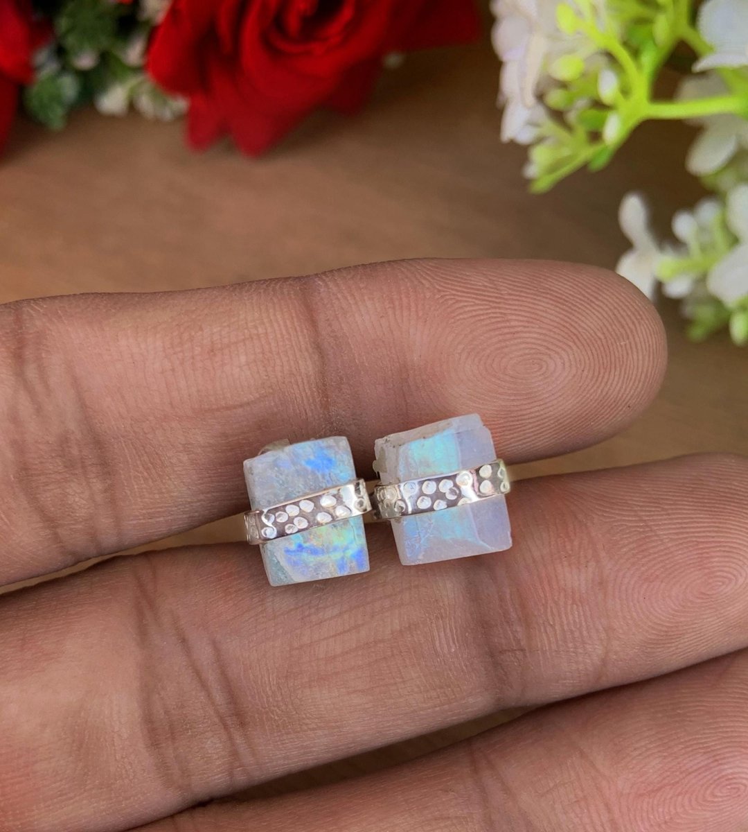 Raw Natural Rainbow Moonstone Studs Earring ~ Dainty Silver & Gold Silver Studs ~ Simple small studs ~ Rectangle White Stone ~ Gift For Her - BeadsBoatInc