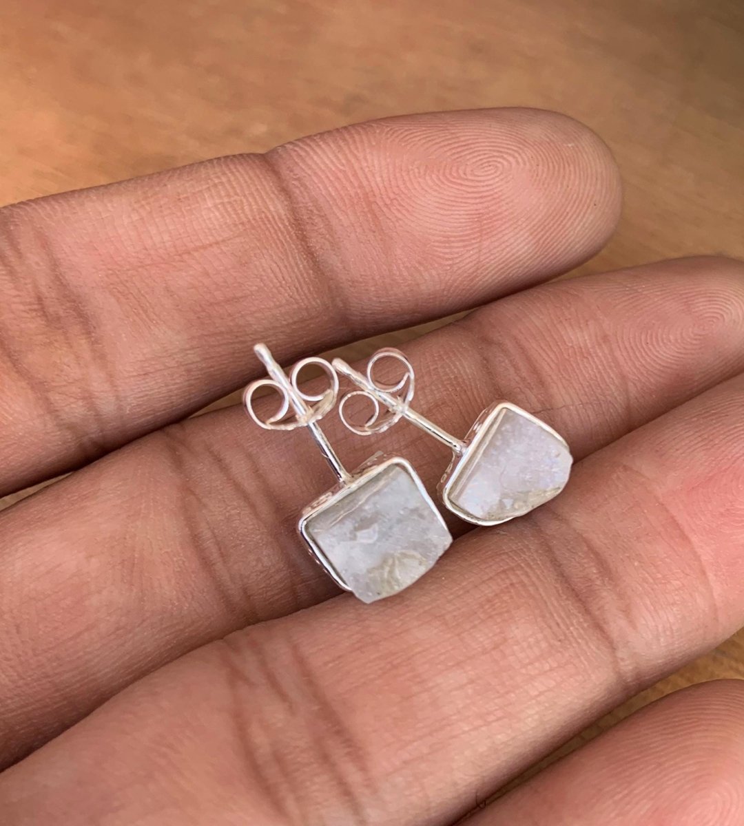 Raw Natural Rainbow Moonstone Studs Earring ~ Dainty Silver & Gold Silver Studs ~ Simple small studs ~ Rectangle White Stone ~ Gift For Her - BeadsBoatInc