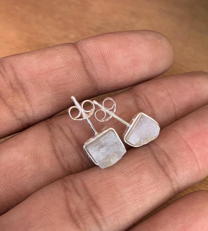 Raw Natural Rainbow Moonstone Studs Earring ~ Dainty Silver & Gold Silver Studs ~ Simple small studs ~ Rectangle White Stone ~ Gift For Her - BeadsBoatInc