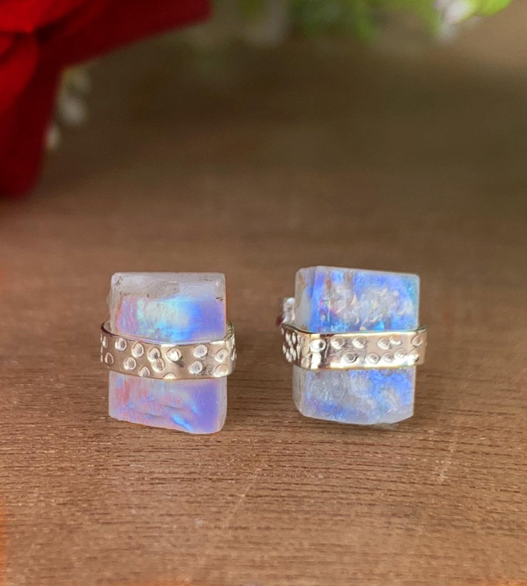 Raw Natural Rainbow Moonstone Studs Earring ~ Dainty Silver & Gold Silver Studs ~ Simple small studs ~ Rectangle White Stone ~ Gift For Her - BeadsBoatInc