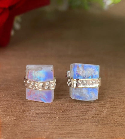 Raw Natural Rainbow Moonstone Studs Earring ~ Dainty Silver & Gold Silver Studs ~ Simple small studs ~ Rectangle White Stone ~ Gift For Her - BeadsBoatInc